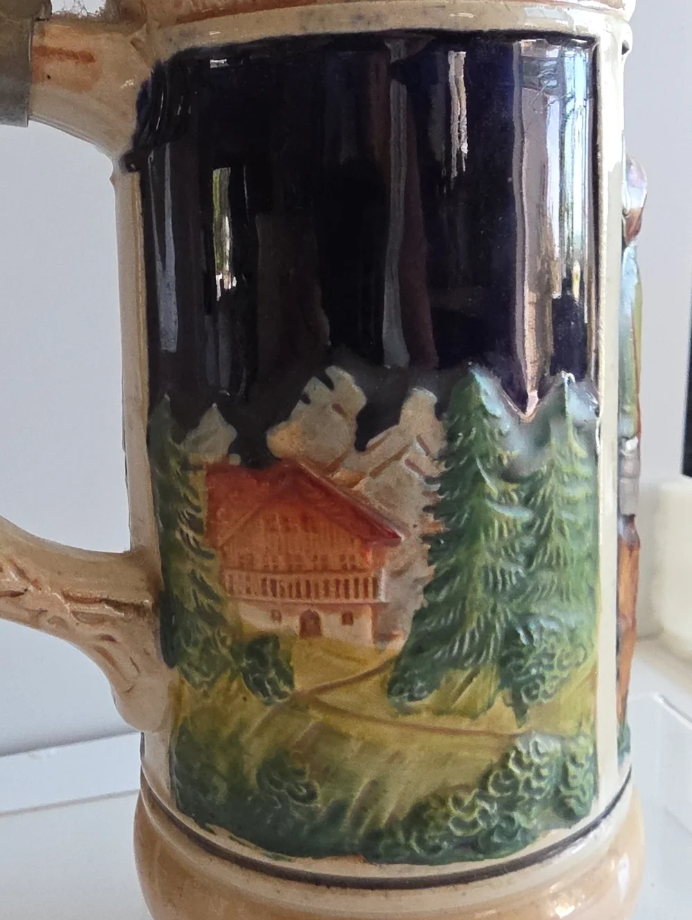 Vintage Original Gerz German Beer Stein w/ Pewter Lid -Cobalt Blue Tavern Scene